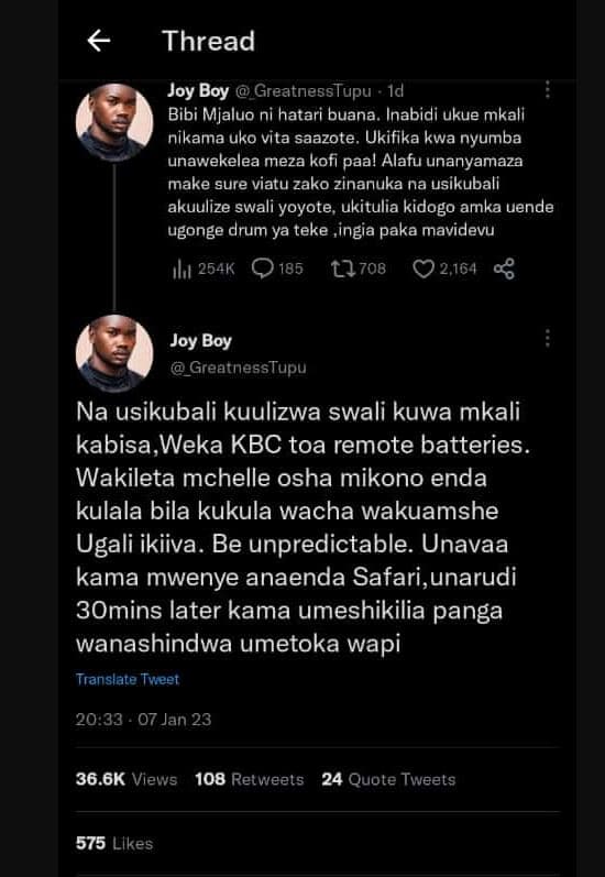 Thread joy boy greatnesstupu bibi mjaluo ni hatari buana. inabidi ukue mkali nik