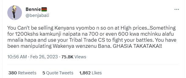 Bennie benjabali you can't be selling kenyans vyombo n so on at high prices_some