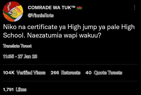 Comrade wa tuktm vinnierots niko na certificate ya high jump ya pale high school