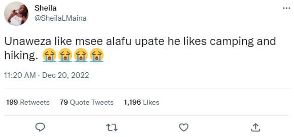 Sheila sheilalmaina unaweza like msee alafu upate he likes camping and hiking. f