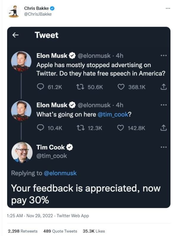 Chris bakke chrisjbakke tweet elon musk elonmusk 4h apple has mostly stopped adv