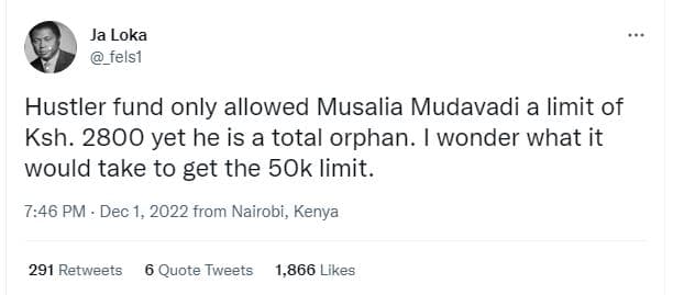 Ja loka felsi hustler fund only allowed musalia mudavadi a limit of ksh. yet he
