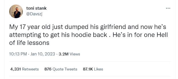 Toni stank davszj my 17 year old just dumped his girlfriend and now he's attempt