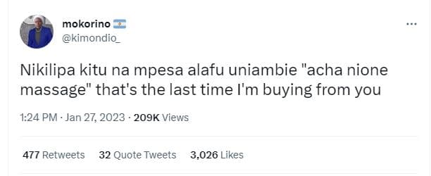 Mokorino kimondio_ nikilipa kitu na mpesa alafu uniambie acha nione massage that