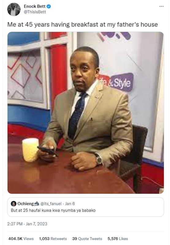 Enock bett thislsbett me at 45 years having breakfast at my father's house style