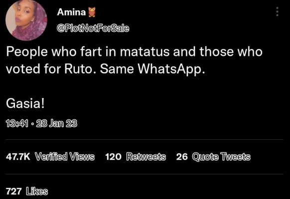 Amina plotodforsale people who fart in matatus and those who voted for ruto. sam
