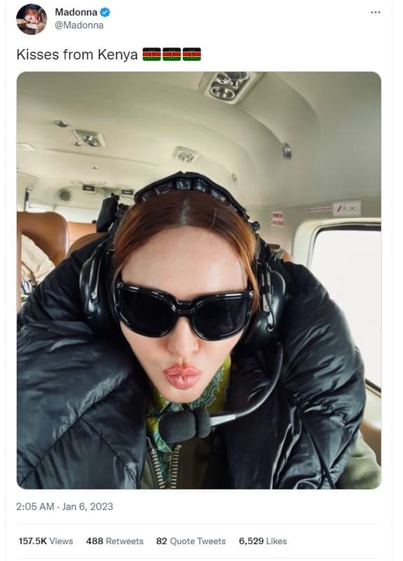 Madonna madonna kisses from kenya 205 am jan 6, 157.5k views 488 retweets 82 quo