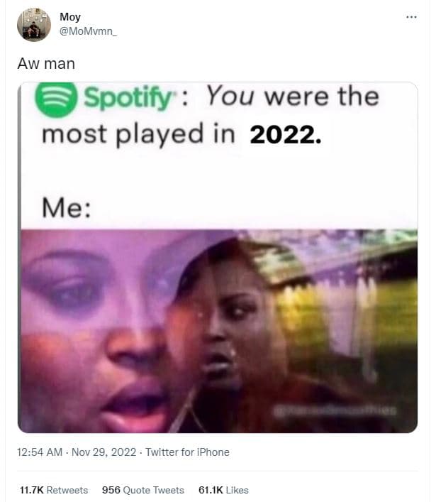 Moy momvmn _ aw man spotify 2 you were the most played in me 12.54 am nov 29, tw