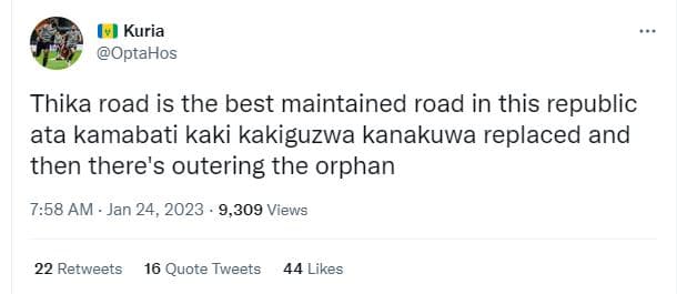 Kuria optahos thika road is the best maintained road in this republic ata kamaba