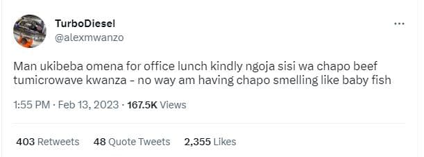 Turbodiesel alexmwanzo man ukibeba omena for office lunch kindly ngoja sisi wa c