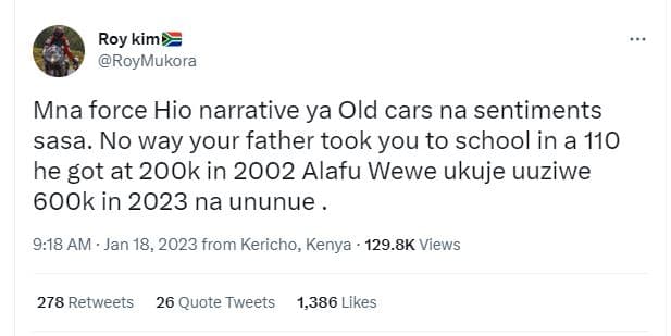 Roy kim roymukora mna force hio narrative ya old cars na sentiments sasa. no way