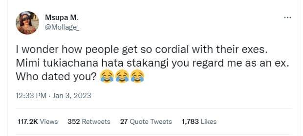 Msupa m. mollage wonder how people get so cordial with their exes mimi tukiachan