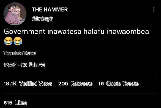 The hammer imbayfr government inawatesa halafu inawaombea translata tiveet 08 fd