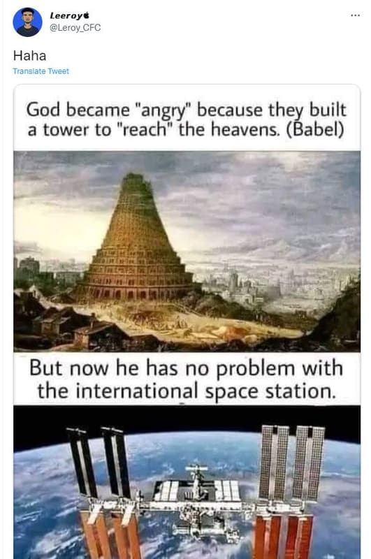 Leeroyt leroy_cfc haha translare tweet god became angry because they built a tow