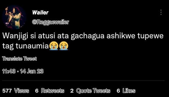 Wailer reggaewailer wanjigi si atusi ata gachagua ashikwe tupewe tag tunaumia ta