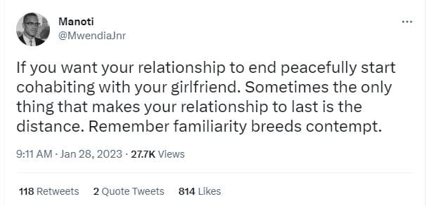 Manoti mwendiajnr if you want your relationship to end peacefully start cohabiti