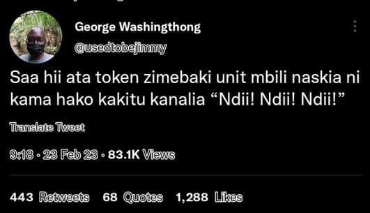 George washingthong useditol bejimmy saa hii ata token zimebaki unit mbili naski