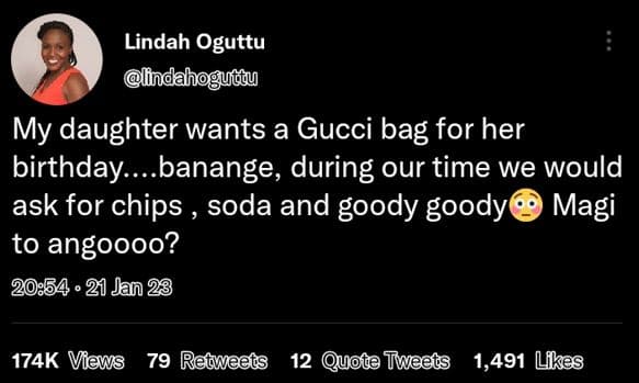 Lindah oguttu indahoguiãu my daughter wants a gucci bag for her birthday banange