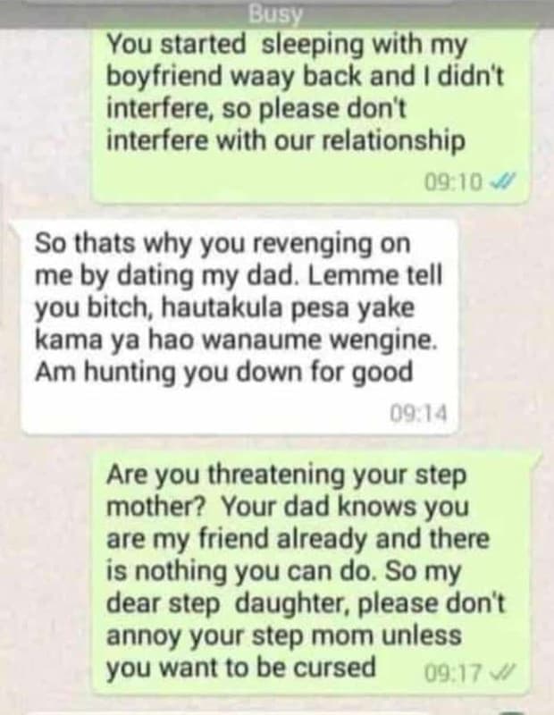 Busy you started sleeping with my boyfriend waay back and didnt interfere s0 ple