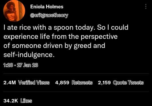 Eniola holmes aifiugracetheony ate rice with a spoon today. so could experience