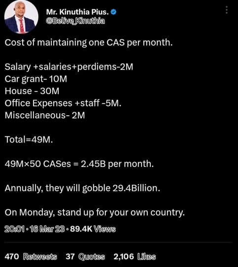 Mr. kinuthia pius belivekinudlia cost of maintaining one cas per month. salary s