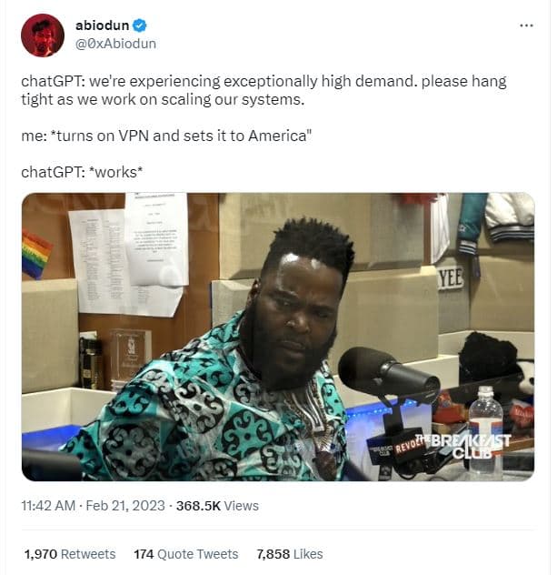 Abiodun oxabiodun chatgpt we're experiencing exceptionally high demand . please