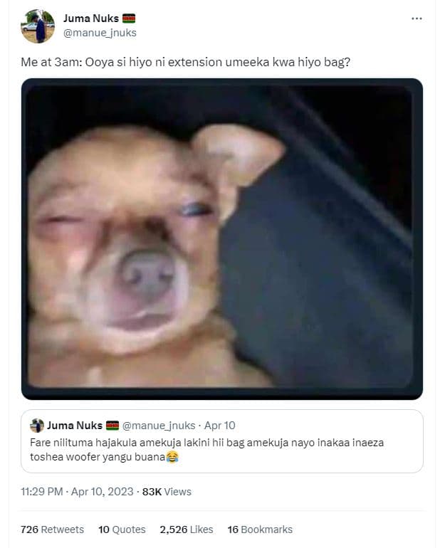 Juma nuks manue_jnuks me at 3am ooya si hiyo ni extension umeeka kwa hiyo bag? j