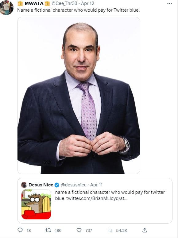 Mwata cee_thr33 . apr 12 name a fictional character who would pay for twitter bl