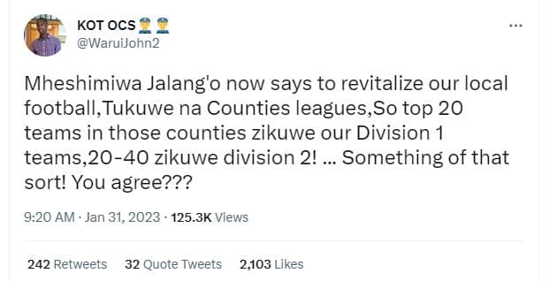 Kot ocs waruijohn2 mheshimiwa jalang'0 now says to revitalize our local football