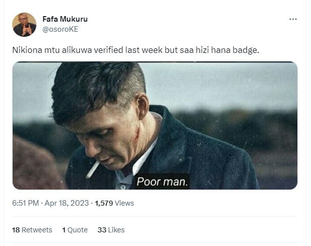 Fafa mukuru osoroke nikiona mtu alikuwa verified last week but saa hizi hana bad