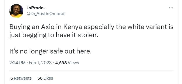Japrado dr_austinomondi buying an axio in kenya especially the white variant is