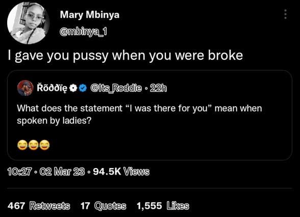 Mary mbinya binya_1 gave you pussy when you were broke pãddię lis_roddie 22h wha