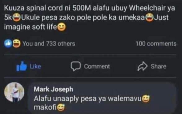 Kuuza spinal cord ni 5oom alafu ubuy wheelchair ya 5k ukule pesa zako pole pole