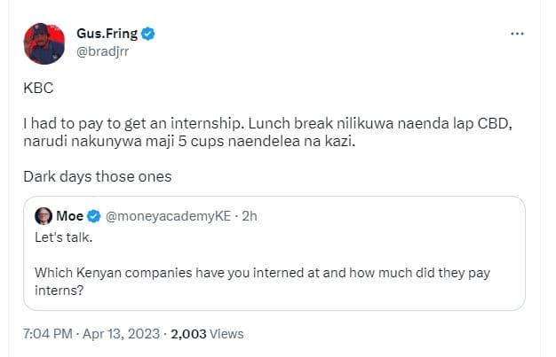 Gus fring bradjrr kbc had to pay to get an internship. lunch break nilikuwa naen