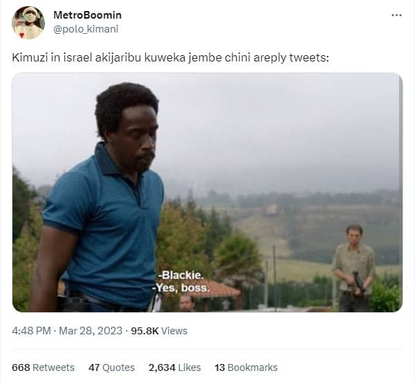 Metroboomin polo_kimani kimuzi in israel akijaribu kuweka jembe chini areply twe