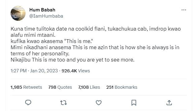 Hum babah iamhumbaba kuna time tulitoka date na coolkid flani, tukachukua cab, i
