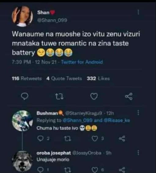 Shan ashana 099 wanaume na muoshe izo vitu zenu vizuri mnataka tuwe romantic na