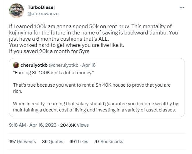 Turbodiesel alexmwanzo if earned 1ook am gonna spend 5ok on rent bruv. this ment