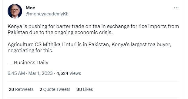 Moe moneyacademyke kenya is pushing for barter trade on tea in exchange for rice