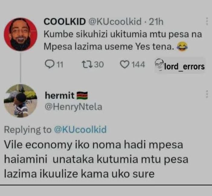 Coolkid kucoolkid 21h kumbe sikuhizi ukitumia mtu pesa na mpesa lazima useme yes