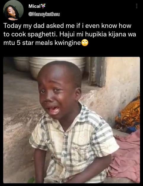 Mical nanoykadheu today my dad asked me if i even know how to cook spaghetti. ha
