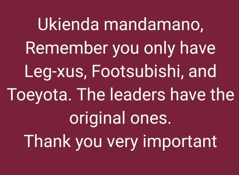 Ukienda mandamano remember you only have legxus, footsubishi and toeyota. the le