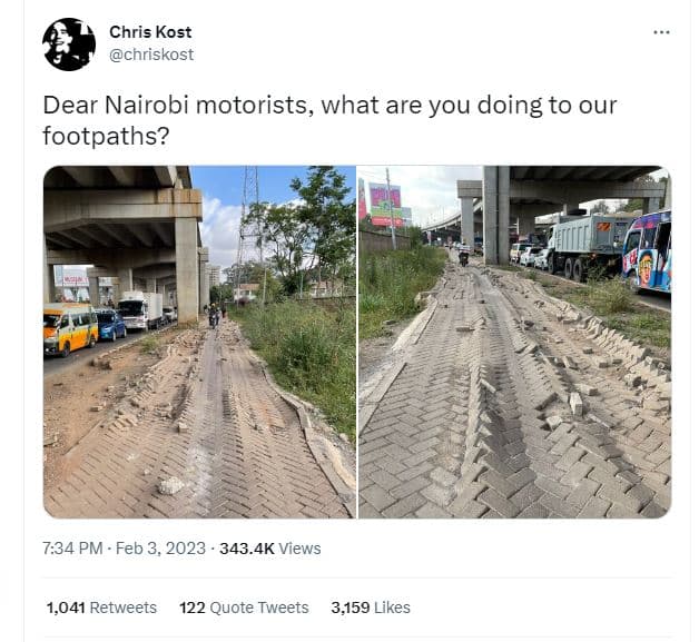 Chris kost chriskost dear nairobi motorists, what are you doing to our footpaths