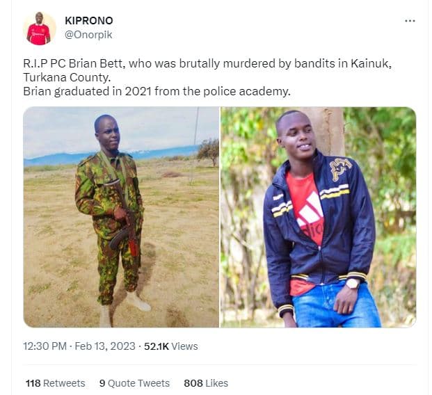 Kiprono onorpik rip pc brian bett, who was brutally murdered by bandits in kainu