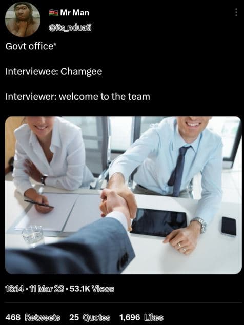 Mr man fls_iduad govt office interviewee chamgee interviewer welcome to the team