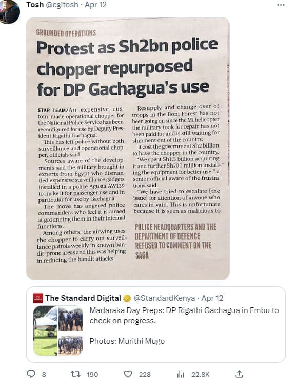 Tosh cgitosh apr 12 grounded operntions protest as sh2bn police chopper repurpos