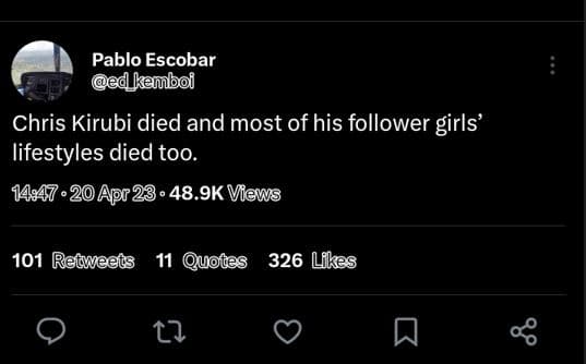 Pablo escobar edkamboi chris kirubi died and most of his follower girls' lifesty