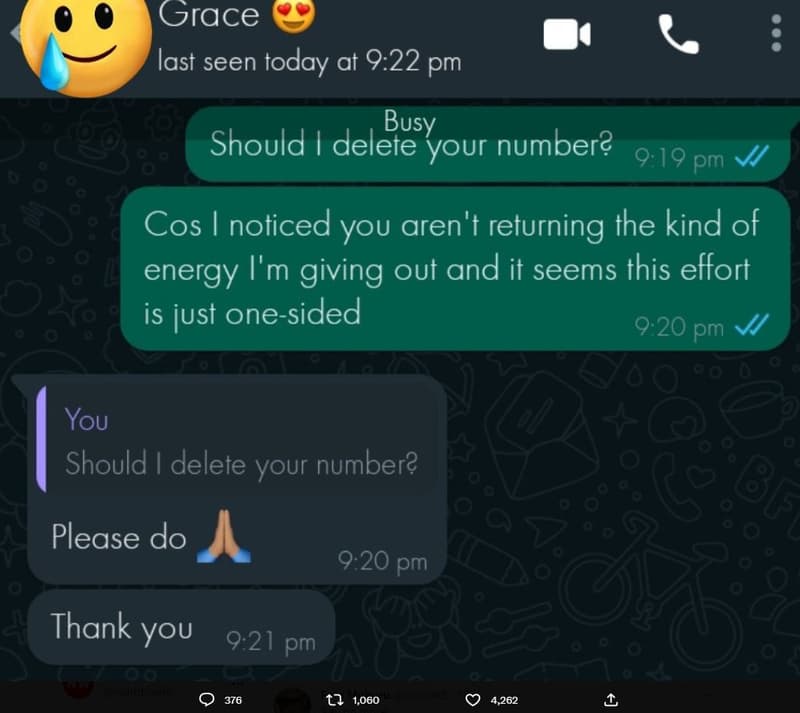 Grace last seen today at 9.22 pm busy should delete your number? 9.19 pm cos not