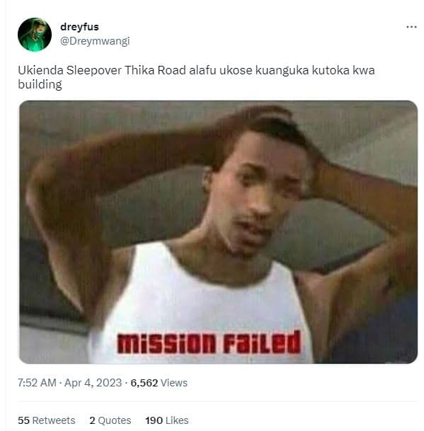 Dreyfus dreymwangi ukienda sleepover thika road alafu ukose kuanguka kutoka kwa