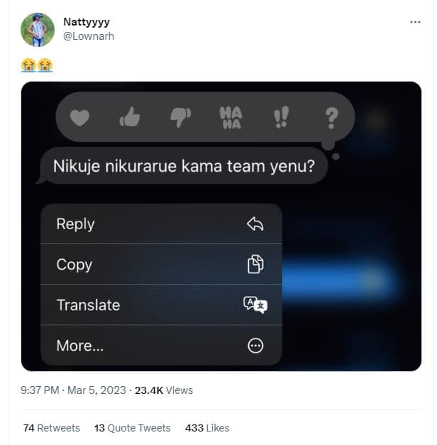 Nattyyyy lownarh nikuje nikurarue kama team yenu? reply translate more 9.37 pm m